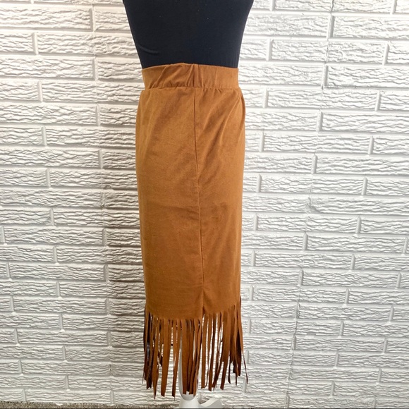 French Laundry Brown Tan Boho Midi Skirt Fringe - Picture 5 of 8